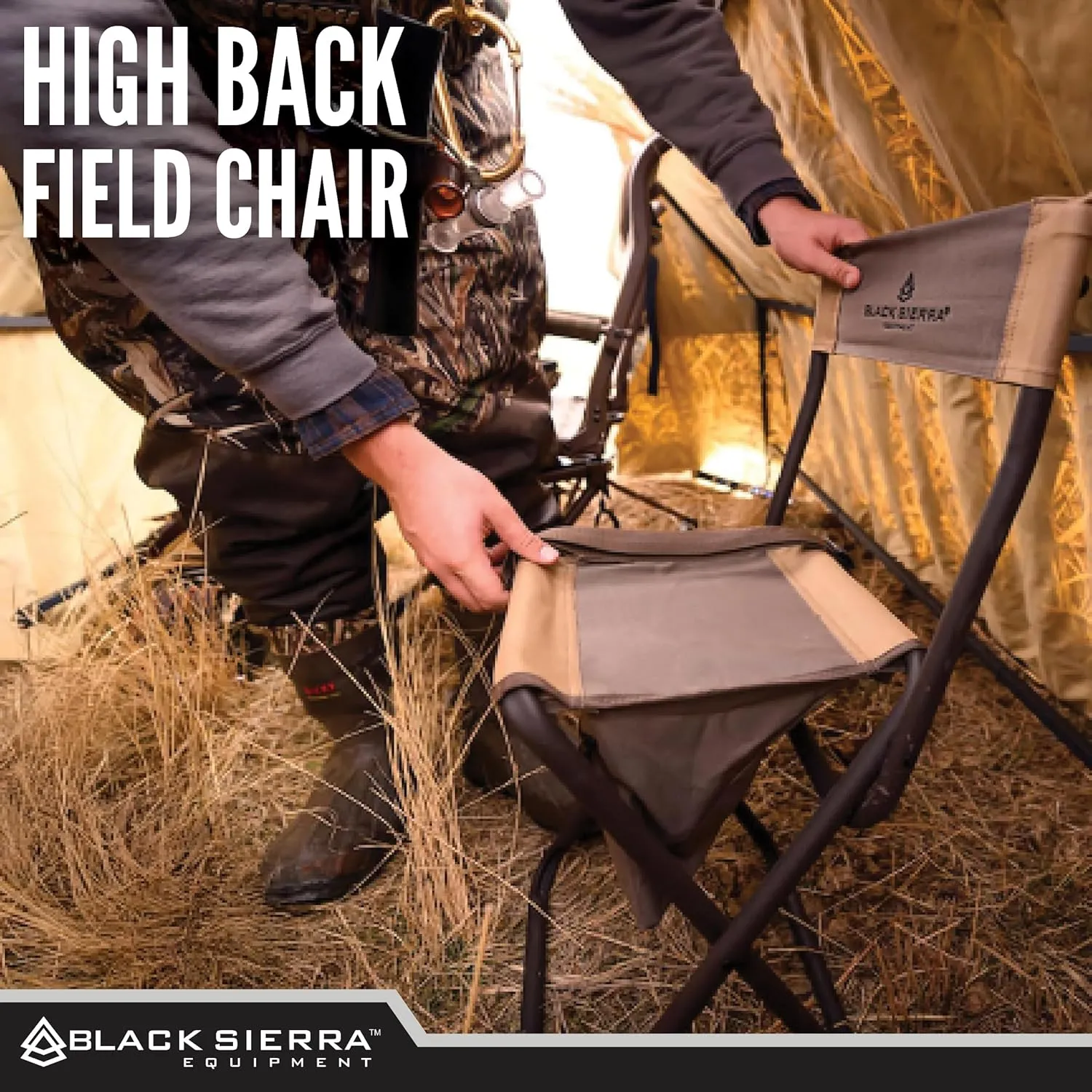 Black Sierra Folding Hunting Stool w/Under Seat Storage Pouch and Carry Strap, Lightweight Portable Hunt Chair w/Backrest, Heavy-Duty Steel Frame Supports 250 LBS, for Hunting, Fishing