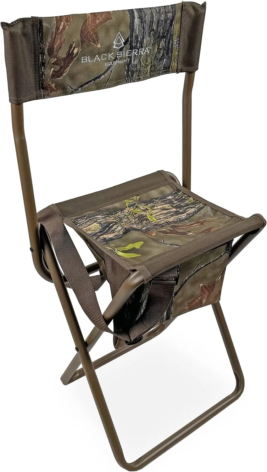 Black Sierra Folding Hunting Stool w/Under Seat Storage Pouch and Carry Strap, Lightweight Portable Hunt Chair w/Backrest, Heavy-Duty Steel Frame Supports 250 LBS, for Hunting, Fishing