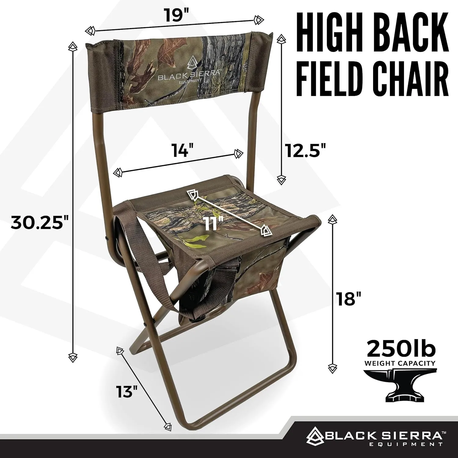 Black Sierra Folding Hunting Stool w/Under Seat Storage Pouch and Carry Strap, Lightweight Portable Hunt Chair w/Backrest, Heavy-Duty Steel Frame Supports 250 LBS, for Hunting, Fishing