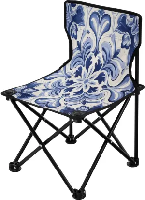 Blue and White Tile Portable Outdoor Folding Chair Anti-Slip Padded Oxford Cloth Stool Camping Chair Small for Beach Hiking Fishing Gardening Quad Camp Chair