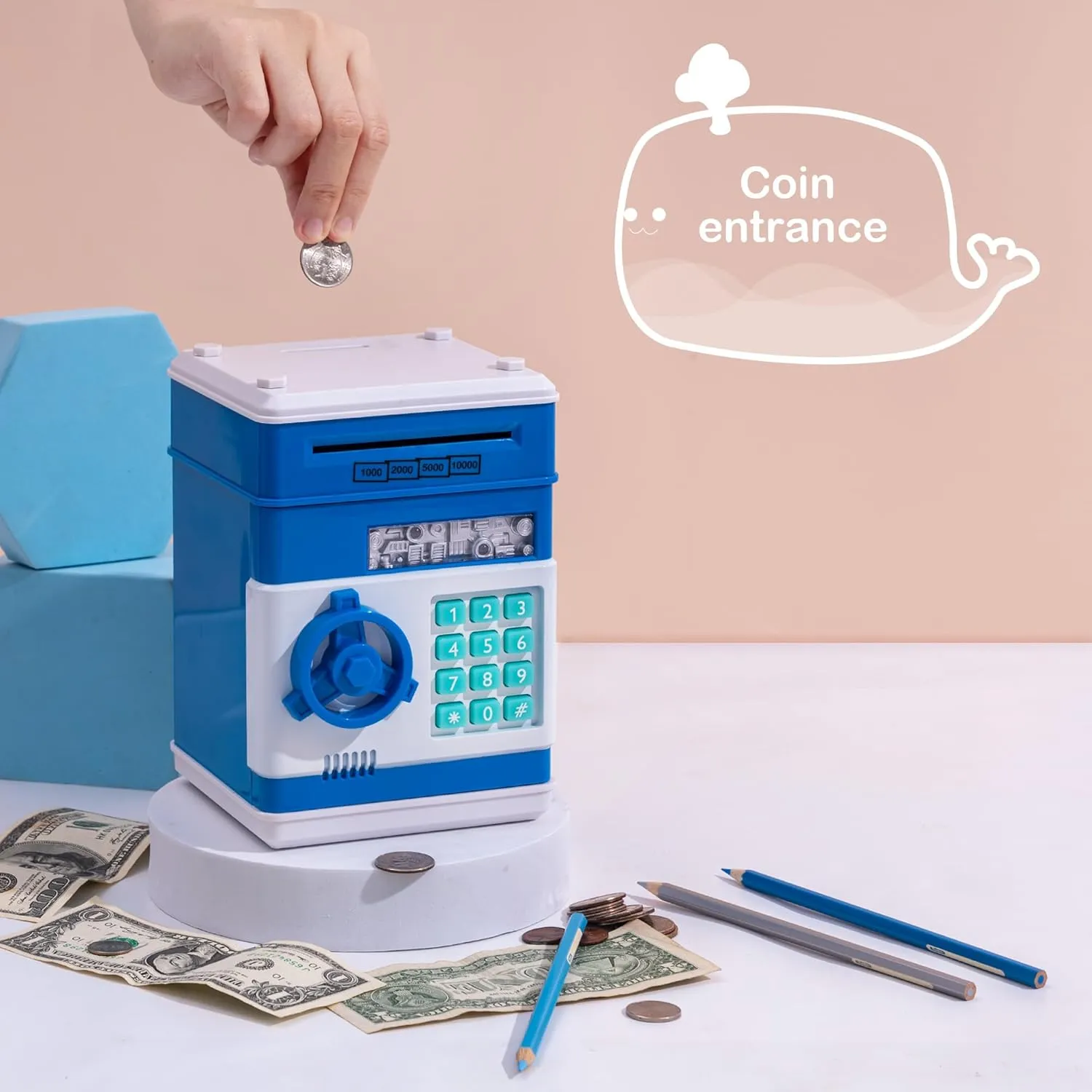 Blue Electronic ATM Safe Piggy Bank for Kids - Real Money Savings Coin Bank with Code Lock & Password, Gift Money Box for Boys & Girls