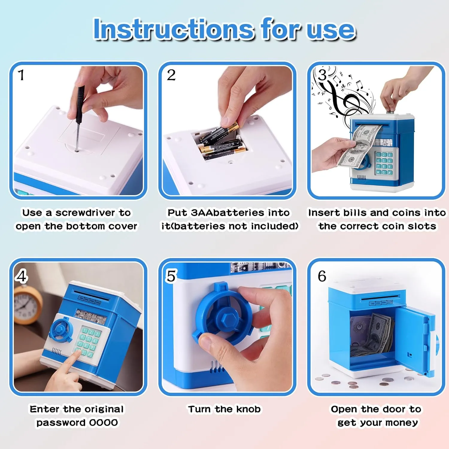 Blue Electronic ATM Safe Piggy Bank for Kids - Real Money Savings Coin Bank with Code Lock & Password, Gift Money Box for Boys & Girls