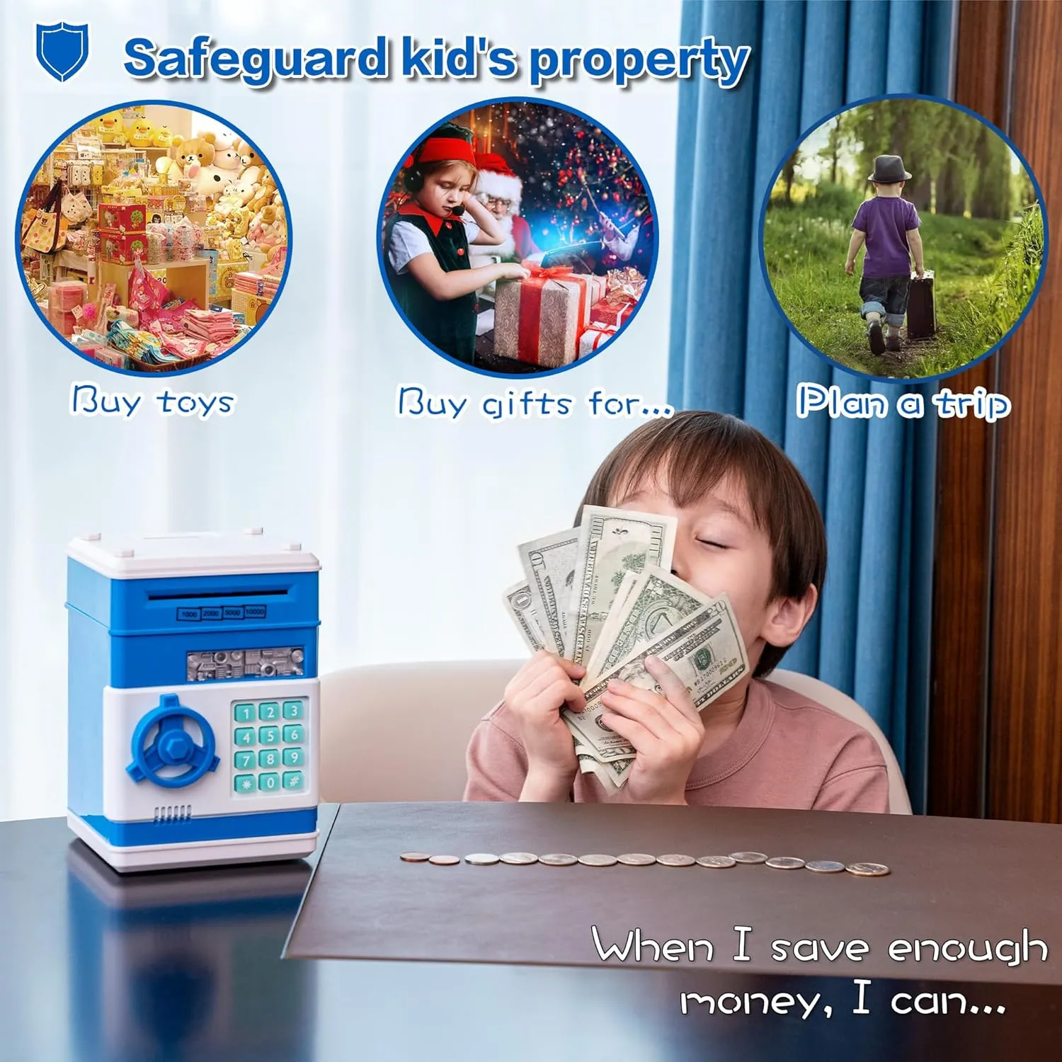 Blue Electronic ATM Safe Piggy Bank for Kids - Real Money Savings Coin Bank with Code Lock & Password, Gift Money Box for Boys & Girls