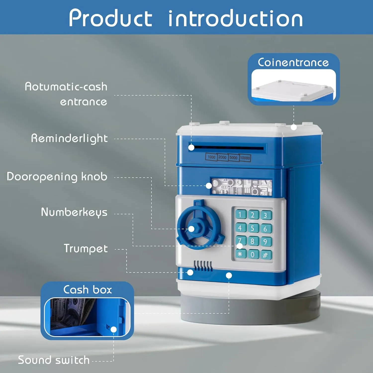 Blue Electronic ATM Safe Piggy Bank for Kids - Real Money Savings Coin Bank with Code Lock & Password, Gift Money Box for Boys & Girls