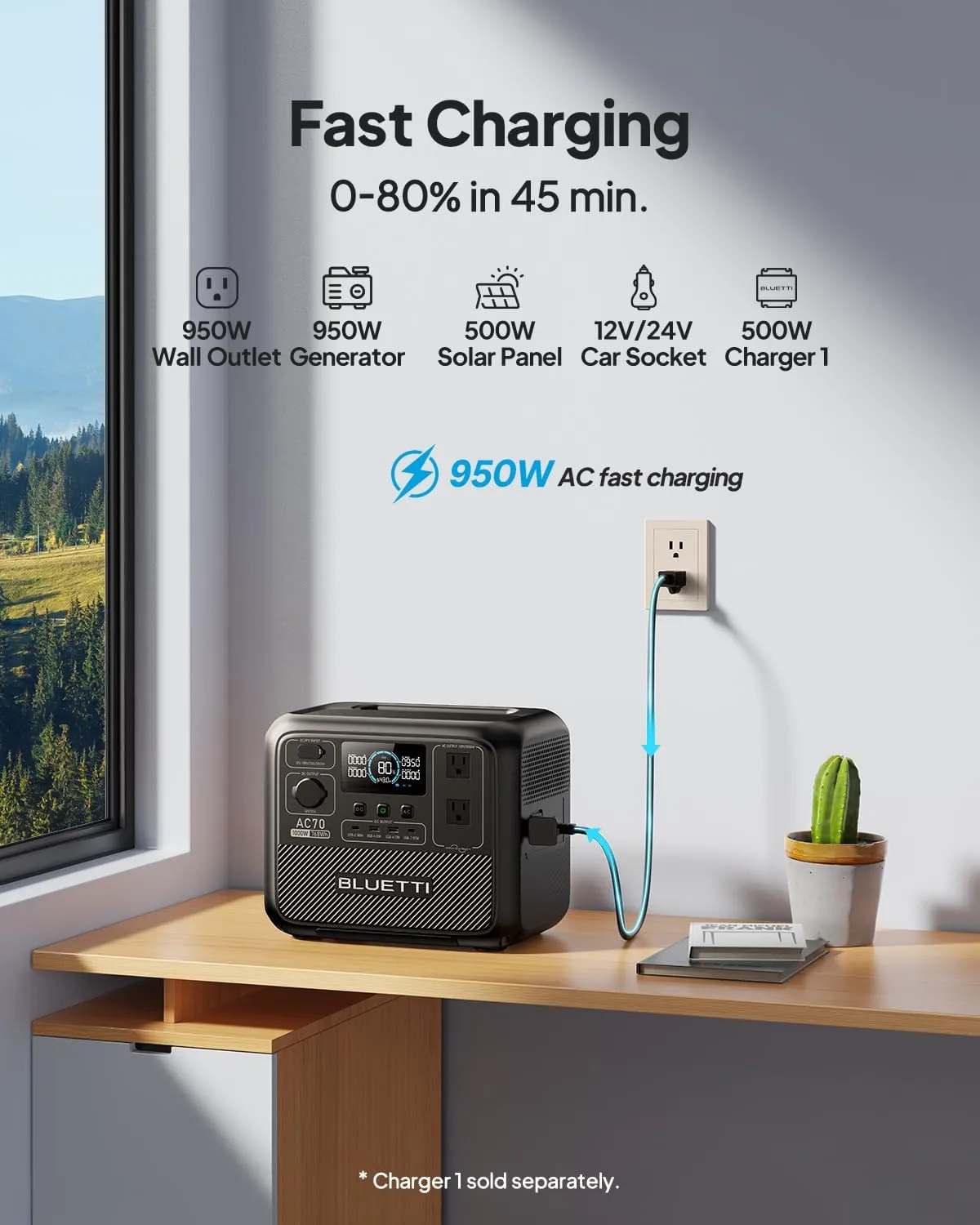 BLUETTI Solar Generator AC70 with 200W Solar Panel (Ships Separately), 768Wh with 2 1,000W (Power Lifting 2,000W) AC Outlets, 0-80% in 45 Min, LFP Backup Power for Camping, Travel