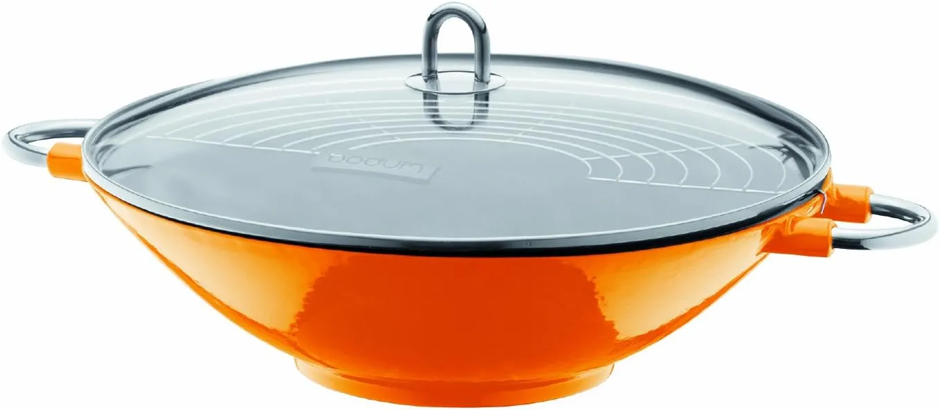 Bodum Chambord Enameled Cast Iron Wok With Glass Lid, Orange
