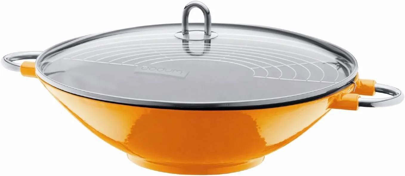 Bodum Chambord Enameled Cast Iron Wok With Glass Lid, Orange