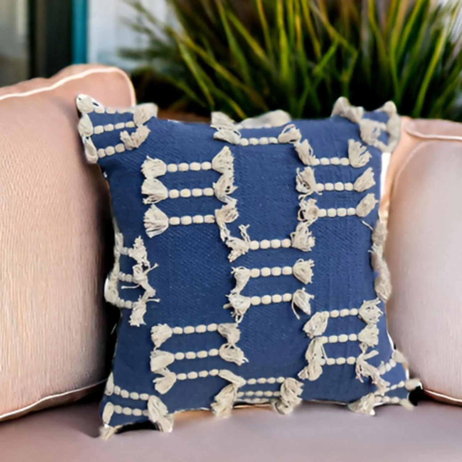 Bohemian Pillow Covers 18x18 Inch Square Modern Rustic Throw Pillow Covers with Tufted Accents for Living Room, Bedroom, Couch, (Blue)