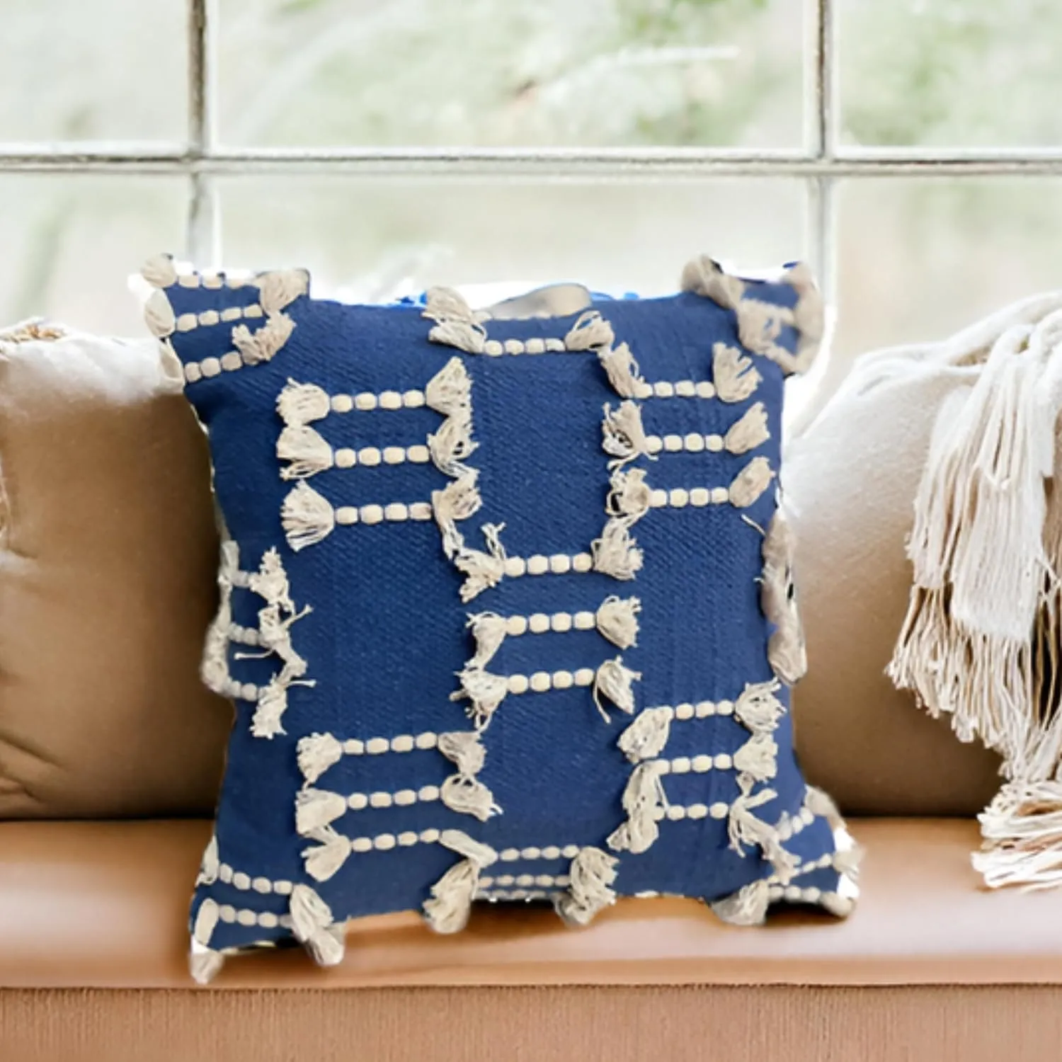 Bohemian Pillow Covers 18x18 Inch Square Modern Rustic Throw Pillow Covers with Tufted Accents for Living Room, Bedroom, Couch, (Blue)