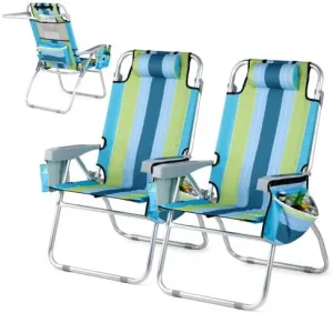 Bonnlo 2 Pack Backpack Beach Chair with 5-Position, Cup Holders, Cooler Bag, Towel Bar, Lightweight Folding Beach Camping Chairs for Adults Blue/Green/Rainbow Bag Chairs Reclining