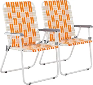 Bonnlo Extra Wide Foldable Beach Chair Set of 2, Modern Minimalist Sturdy Steel Frame Supports 265 lbs/120 kg, Lightweight Portable Chair 8.4 lbs only, for Travel Poolside Camping (Orange and White)