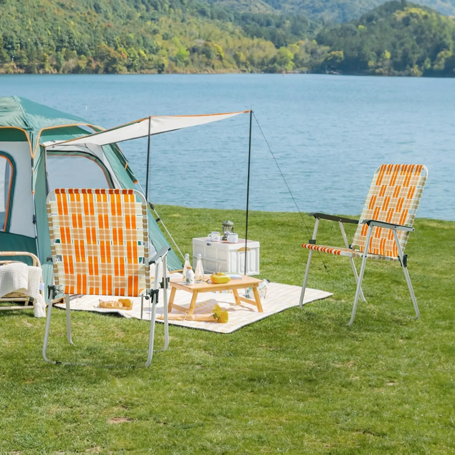Bonnlo Extra Wide Foldable Beach Chair Set of 2, Modern Minimalist Sturdy Steel Frame Supports 265 lbs/120 kg, Lightweight Portable Chair 8.4 lbs only, for Travel Poolside Camping (Orange and White)