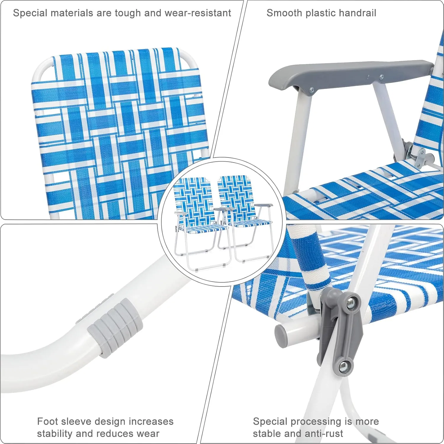 Bonnlo Foldable Patio Chair Set of 2, Heavy-Duty Steel Frame Supports 265 lbs/120 kg, Ultra-Lightweight Portable for Travel Poolside Camping Beach (Blue Weave)