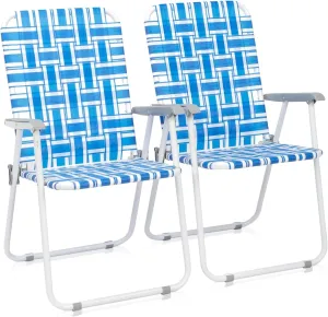Bonnlo Foldable Patio Chair Set of 2, Heavy-Duty Steel Frame Supports 265 lbs/120 kg, Ultra-Lightweight Portable for Travel Poolside Camping Beach (Blue Weave)