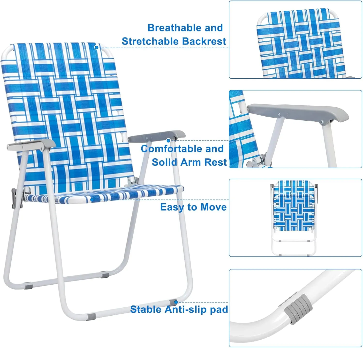 Bonnlo Foldable Patio Chair Set of 2, Heavy-Duty Steel Frame Supports 265 lbs/120 kg, Ultra-Lightweight Portable for Travel Poolside Camping Beach (Blue Weave)