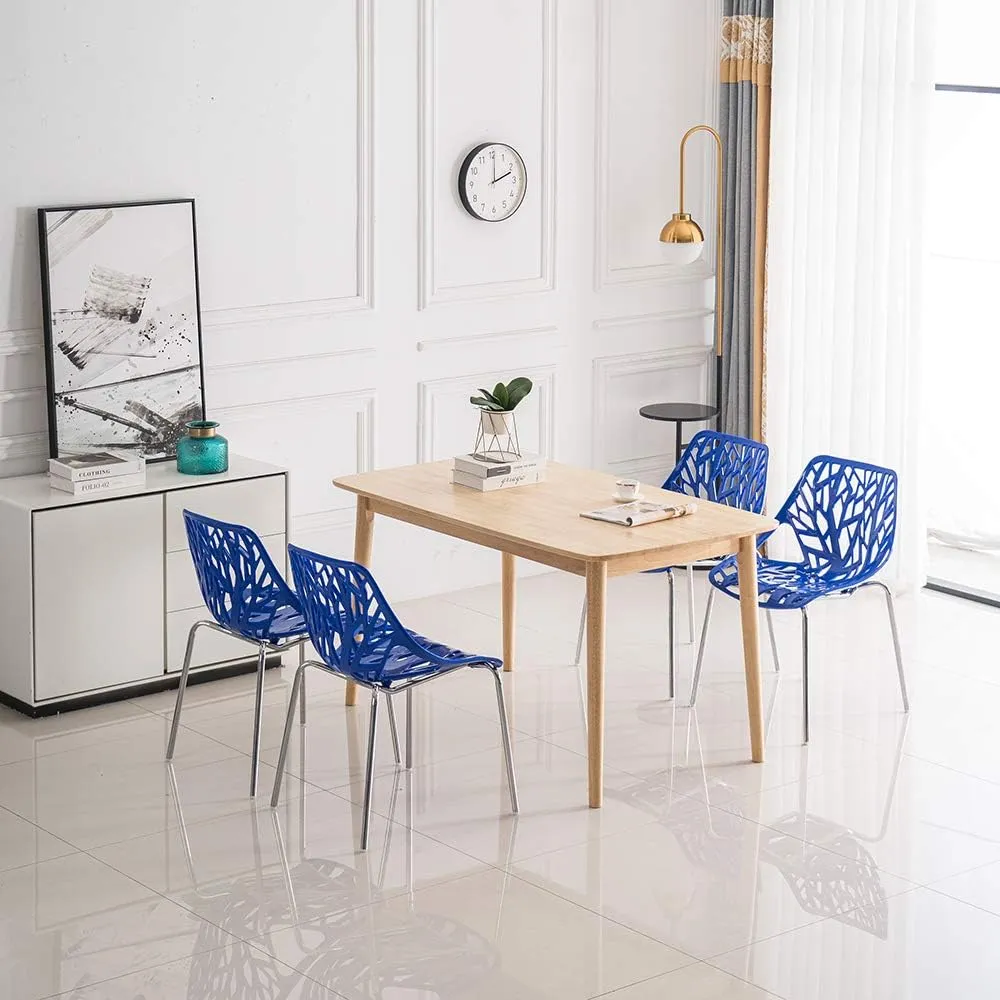 Bonnlo Modern Stackable Chair Set of 4 Kitchen Dining Chair Birch Sapling Comfy Chairs for Indoor Use (Blue)