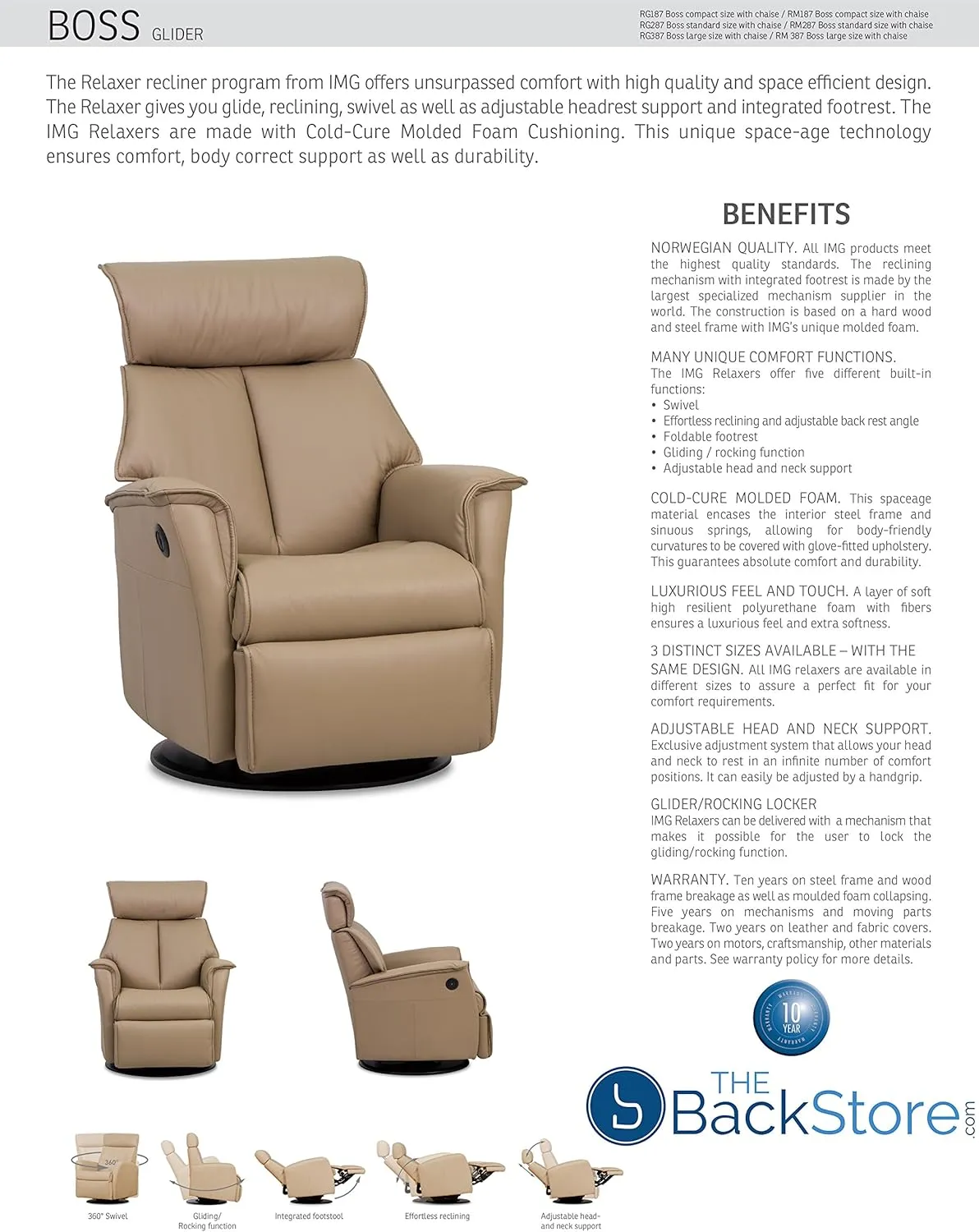 Boss Large RM 387 Leather Relaxer Recliner Swivel Glider Chair - Power Recline Trend Pebble Leather w/USB -