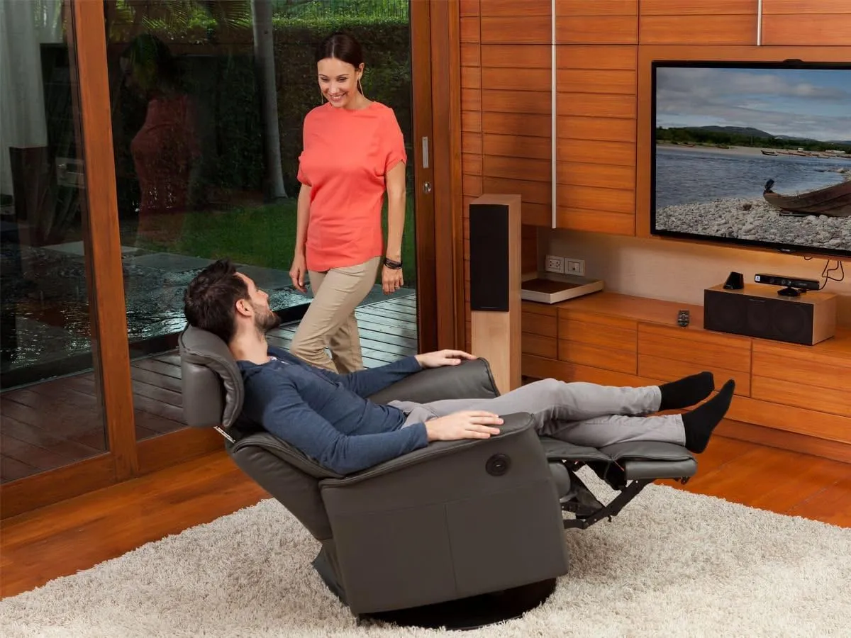 Boss Large RM 387 Leather Relaxer Recliner Swivel Glider Chair - Power Recline Trend Pebble Leather w/USB -