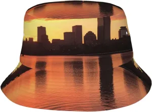 Boston Charles River City Skyline Sunset Sun Bucket Hats for Men Women UPF 50  Beach Hats Packable Sun Hat Summer Fisherman Cap Black