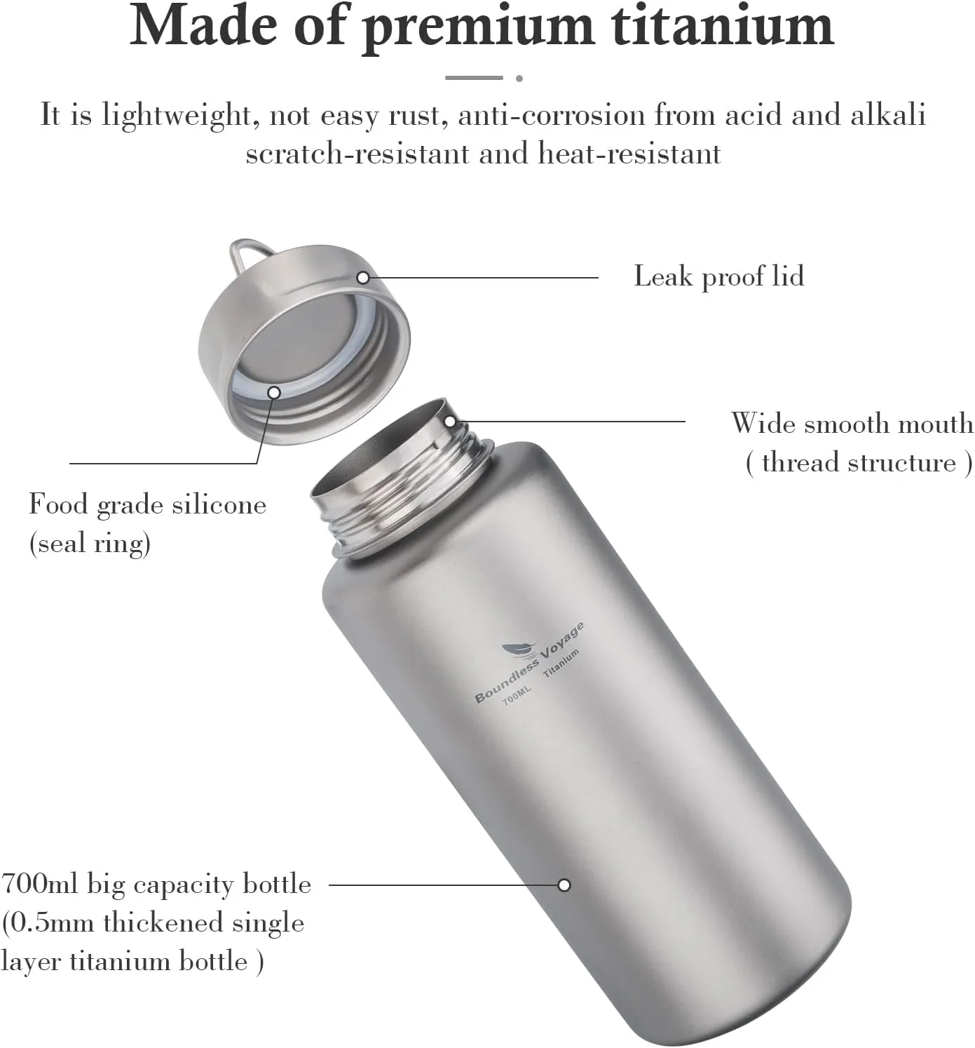 Boundless Voyage Titanium Bottle Single-layer Sports Water Bottle Ultralight Leakproof Drinkware for Outdoor Camping Hiking 700ml-Ti3012D