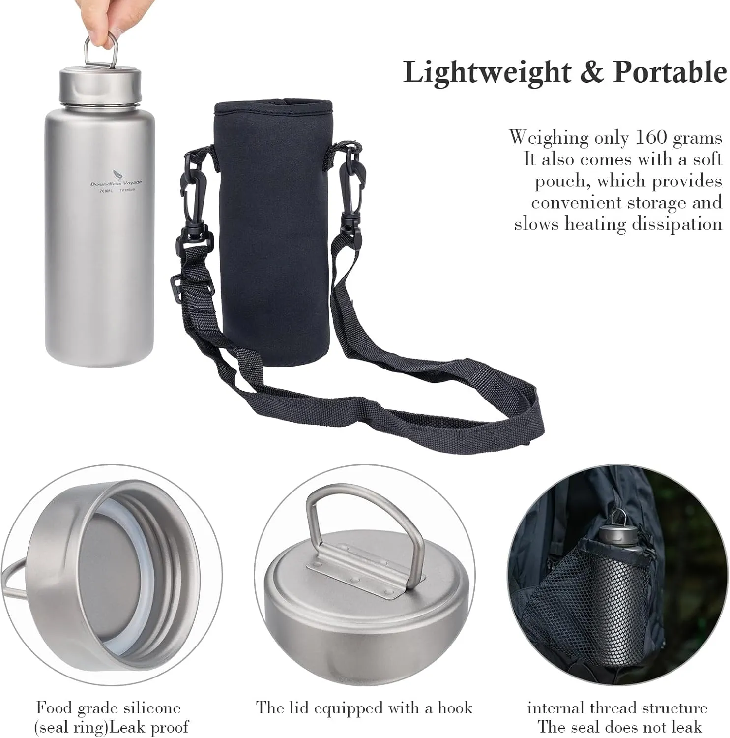 Boundless Voyage Titanium Bottle Single-layer Sports Water Bottle Ultralight Leakproof Drinkware for Outdoor Camping Hiking 700ml-Ti3012D