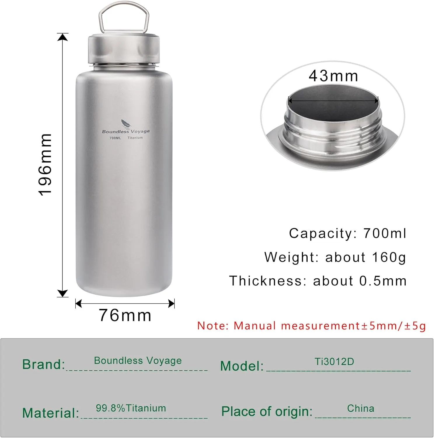 Boundless Voyage Titanium Bottle Single-layer Sports Water Bottle Ultralight Leakproof Drinkware for Outdoor Camping Hiking 700ml-Ti3012D