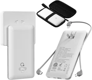 Brand Q 10000mAh Portable Charger with Built-in Cables and AC Wall Plug, USB C Fast Charging Power Bank with 3 Cords,5 Output External Battery Pack Compatible with iPhone,Tablet and All Smart Phones