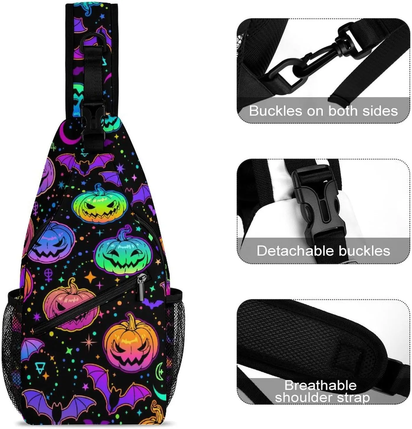 Bright Multicolored Haloween Pumpkins Bats Sling Backpack, Crossbody Shoulder Bag, Chest Bags for Outdoor Travel Fitness