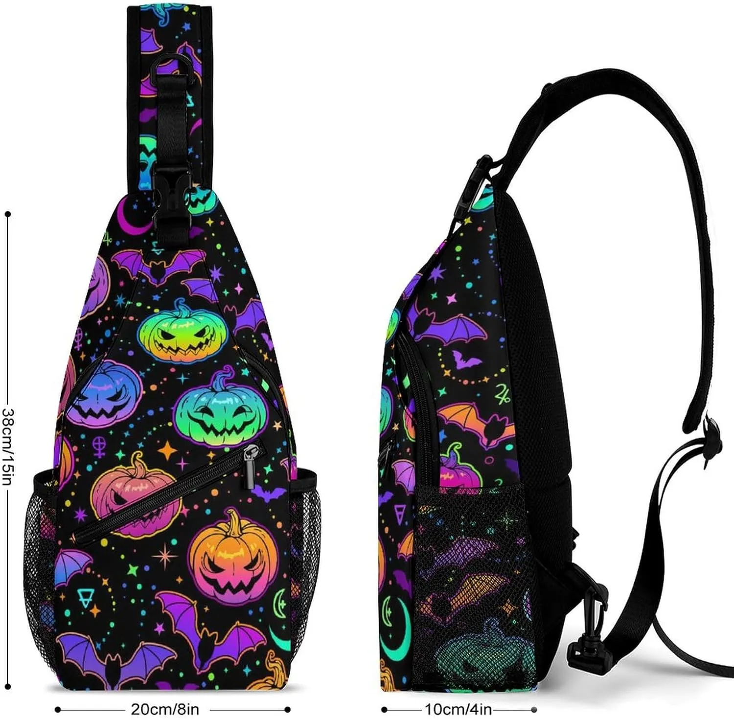 Bright Multicolored Haloween Pumpkins Bats Sling Backpack, Crossbody Shoulder Bag, Chest Bags for Outdoor Travel Fitness