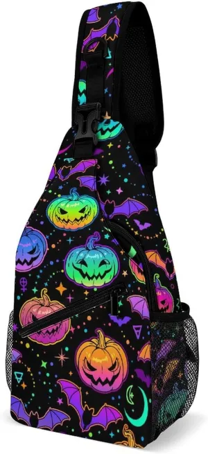 Bright Multicolored Haloween Pumpkins Bats Sling Backpack, Crossbody Shoulder Bag, Chest Bags for Outdoor Travel Fitness