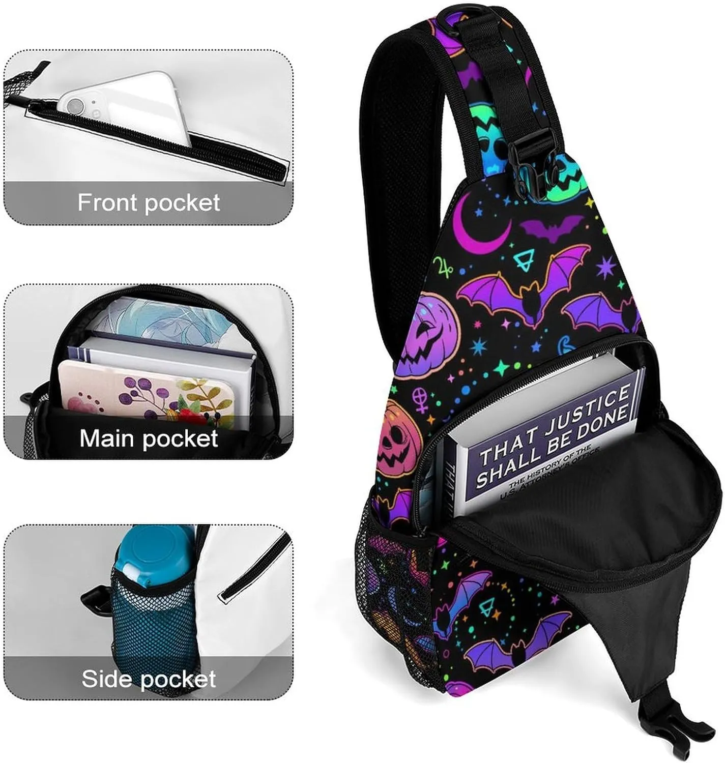 Bright Multicolored Haloween Pumpkins Bats Sling Backpack, Crossbody Shoulder Bag, Chest Bags for Outdoor Travel Fitness