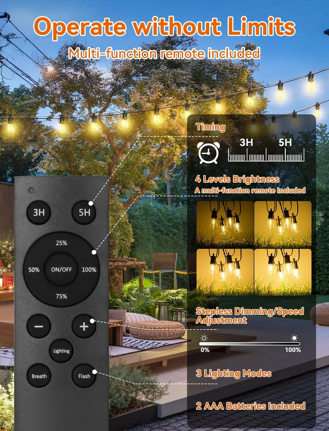 Brightever Solar Powered Outdoor String Lights with Remote, 27FT Commercial Grade Waterproof Solar Patio Lights, 12 1 Shatterproof LED Bulbs 3 Lighting Modes, Dimmable Solar Lighting for Outside