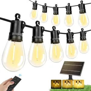 Brightever Solar String Lights Outdoor Waterproof, 100FT Solar Powered Patio Lights with Remote&USB Port, 3 Lighting Modes Hanging Light for Outside with 30 2 Shatterproof LED Bulbs, 2700K Warm White
