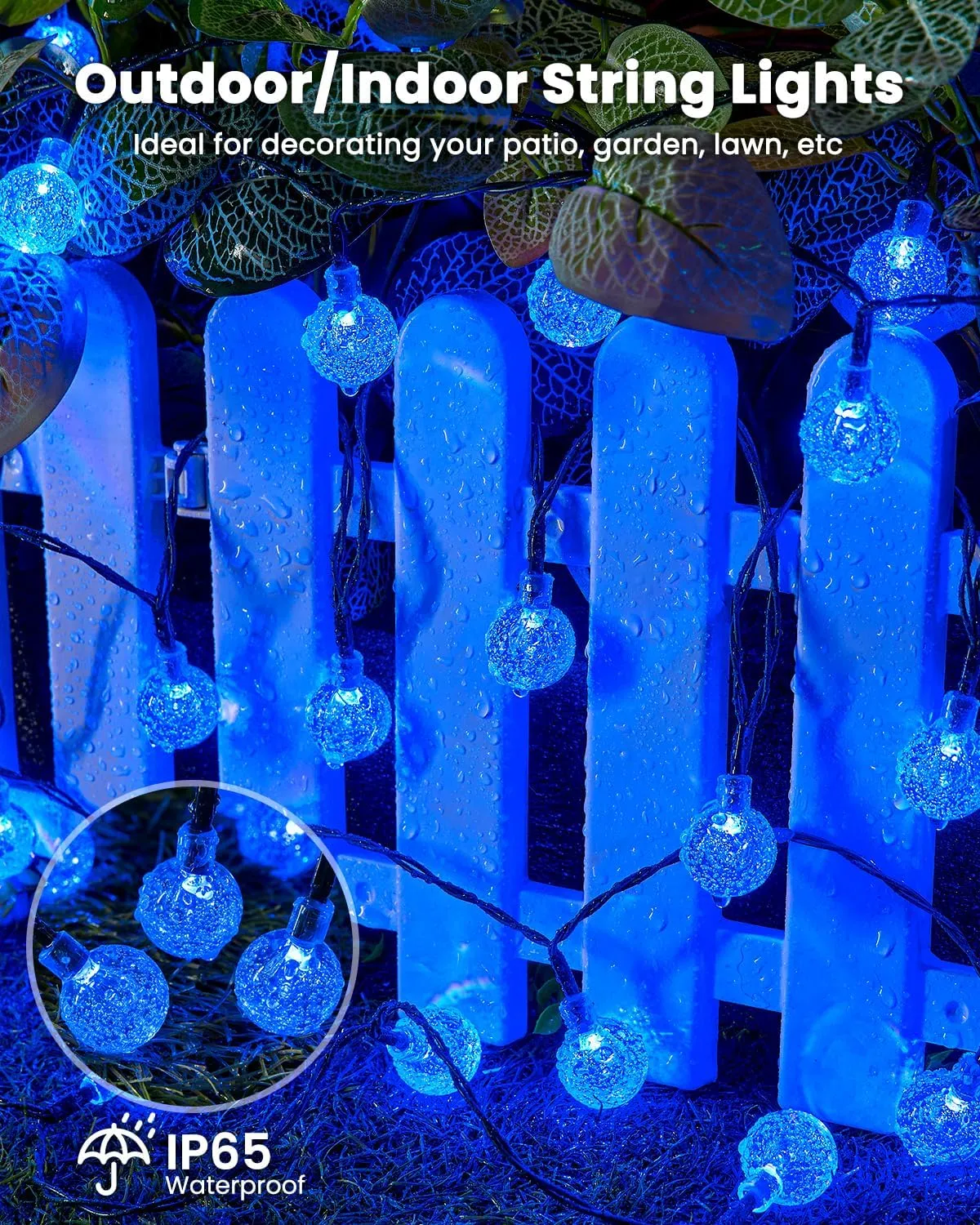 Brightown Solar String Lights Outdoor 60 Led 35.6 Feet Waterproof Solar Powered Patio Lights with 8 Lighting Modes for Garden Yard Porch Wedding Party Decor Halloween (Blue)