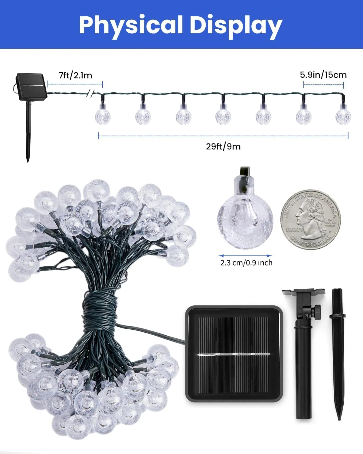 Brightown Solar String Lights Outdoor 60 Led 35.6 Feet Waterproof Solar Powered Patio Lights with 8 Lighting Modes for Garden Yard Porch Wedding Party Decor Halloween (Blue)
