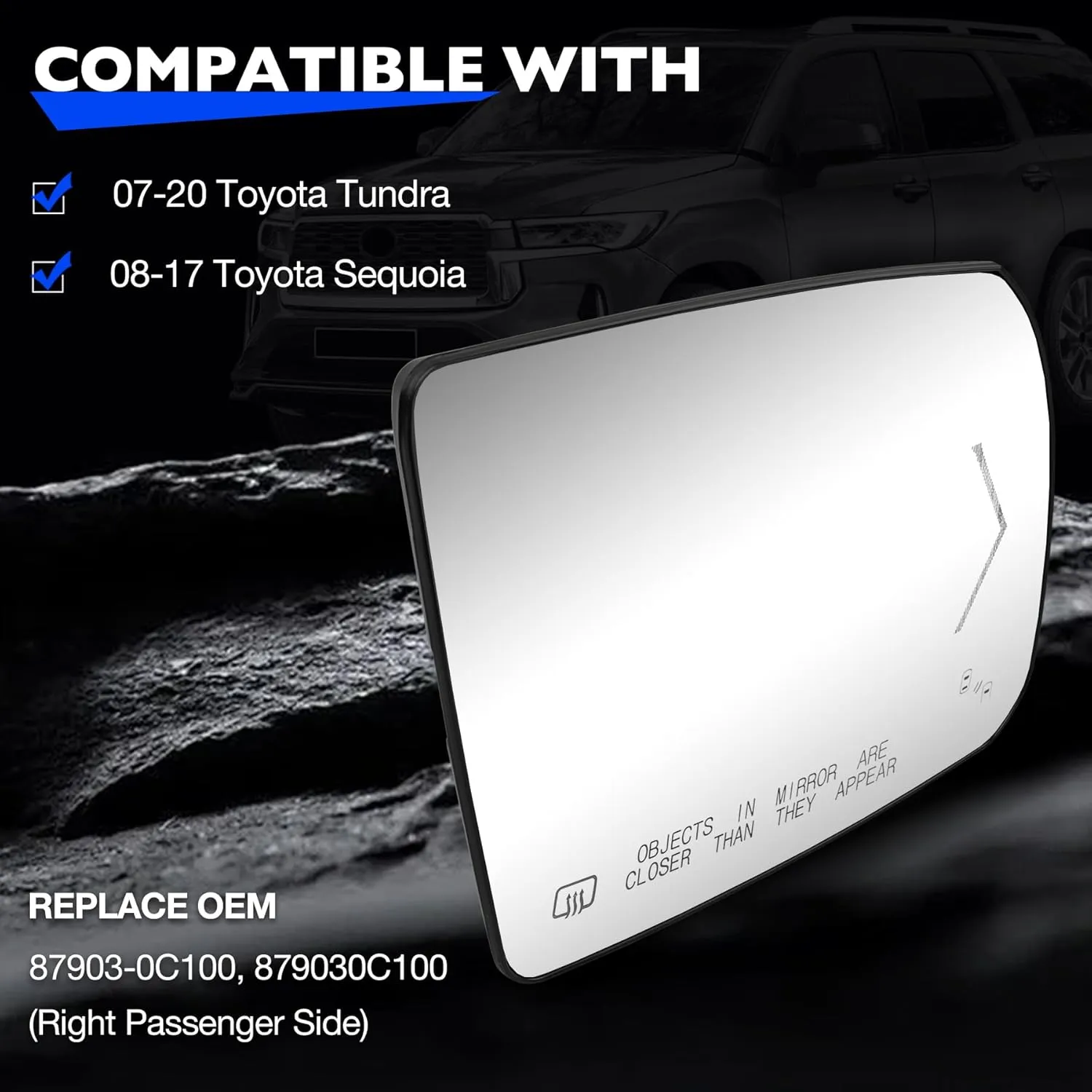 BSD LED Turn Signal Heated Mirror Glass for 08-17 Toyota Sequoia 07-20 Tundra Right Passenger Side Exterior Mirror 87903-0C100 879030C100 Heating LED Turn Signal Light BLIS Blind Spot Mirrors Glass