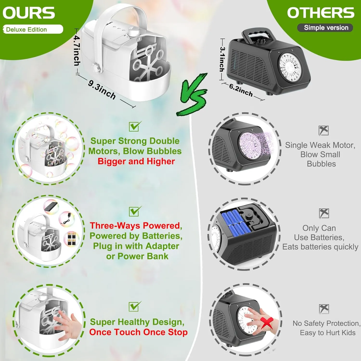 Bubble Machine Durable Automatic Bubble Blower, 18000  Big Bubbles Per Minute Bubbles for Kids Toddlers Bubble Maker Operated by Plugin or Batteries Bubble Toys for Indoor Outdoor Birthday Party
