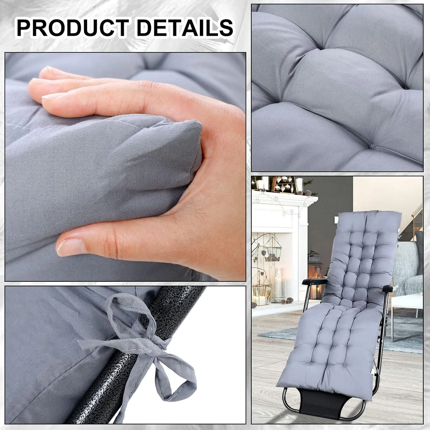 Bucherry 67 x 19 Inch Chaise Lounge Cushions Soft Lounge Chair Cushion Gravity Chair Cushion Sofa Lawn Furniture Cushion Pad with 6 Tie for Outdoor Indoor Patio Home Without Headrest (Gray,4 Pcs)
