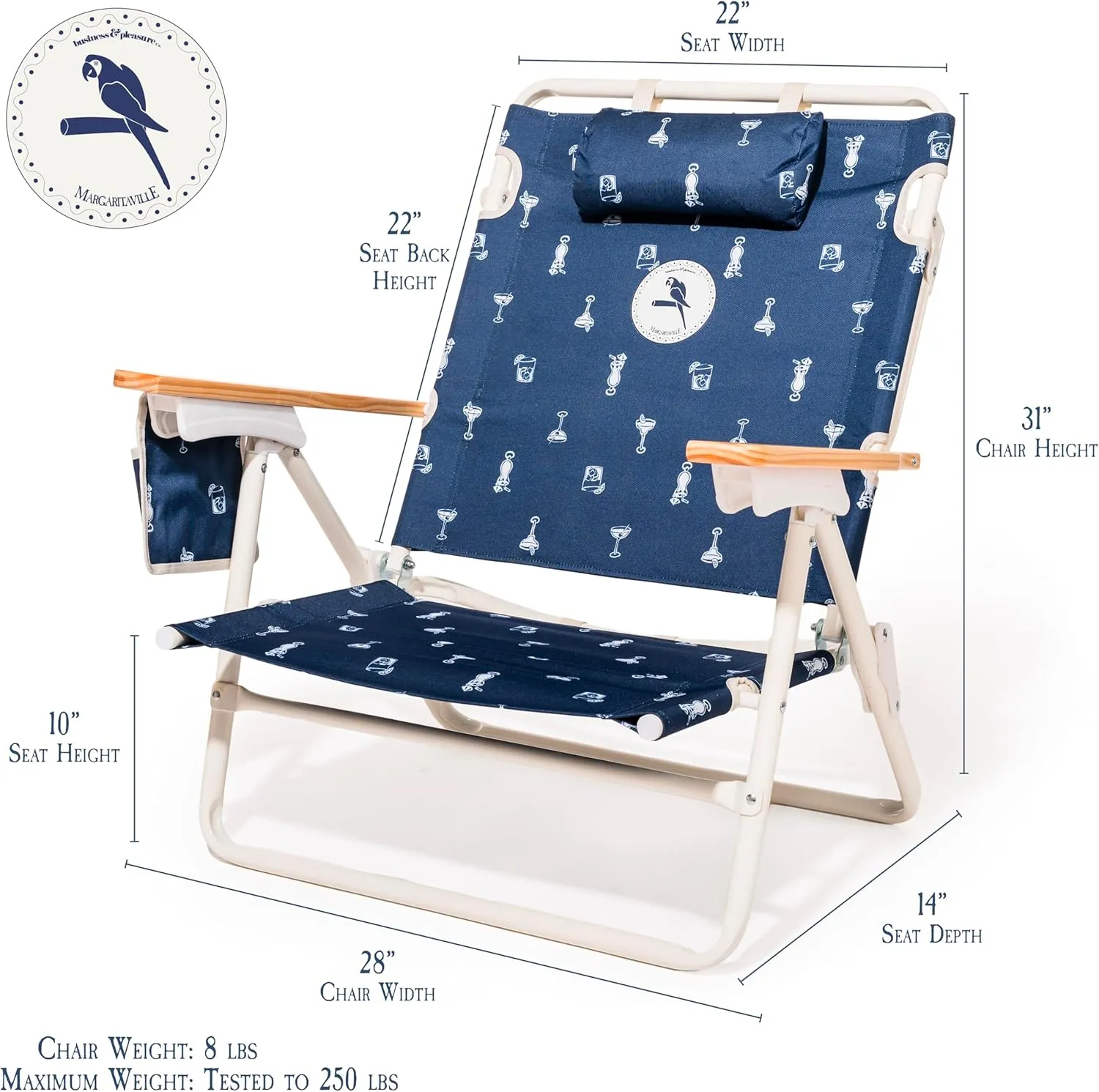 Business & Pleasure Co. Margaritaville Manana Backpack Beach Chair Lay Flat Reclining, Lightweight & Portable, Insulated Cooler Pocket, Continental Drifter Marg
