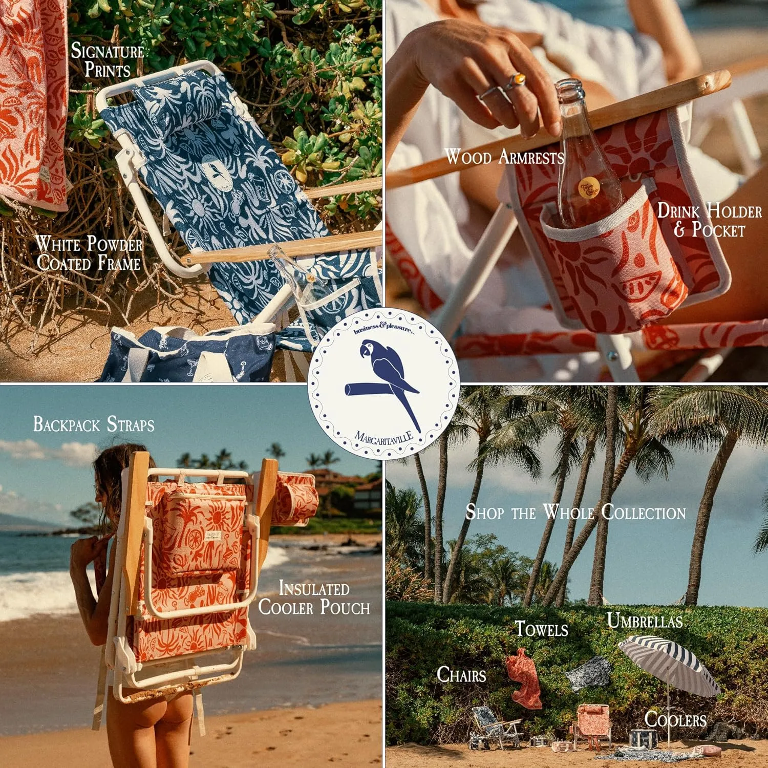 Business & Pleasure Co. Margaritaville Manana Backpack Beach Chair Lay Flat Reclining, Lightweight & Portable, Insulated Cooler Pocket, Continental Drifter Marg