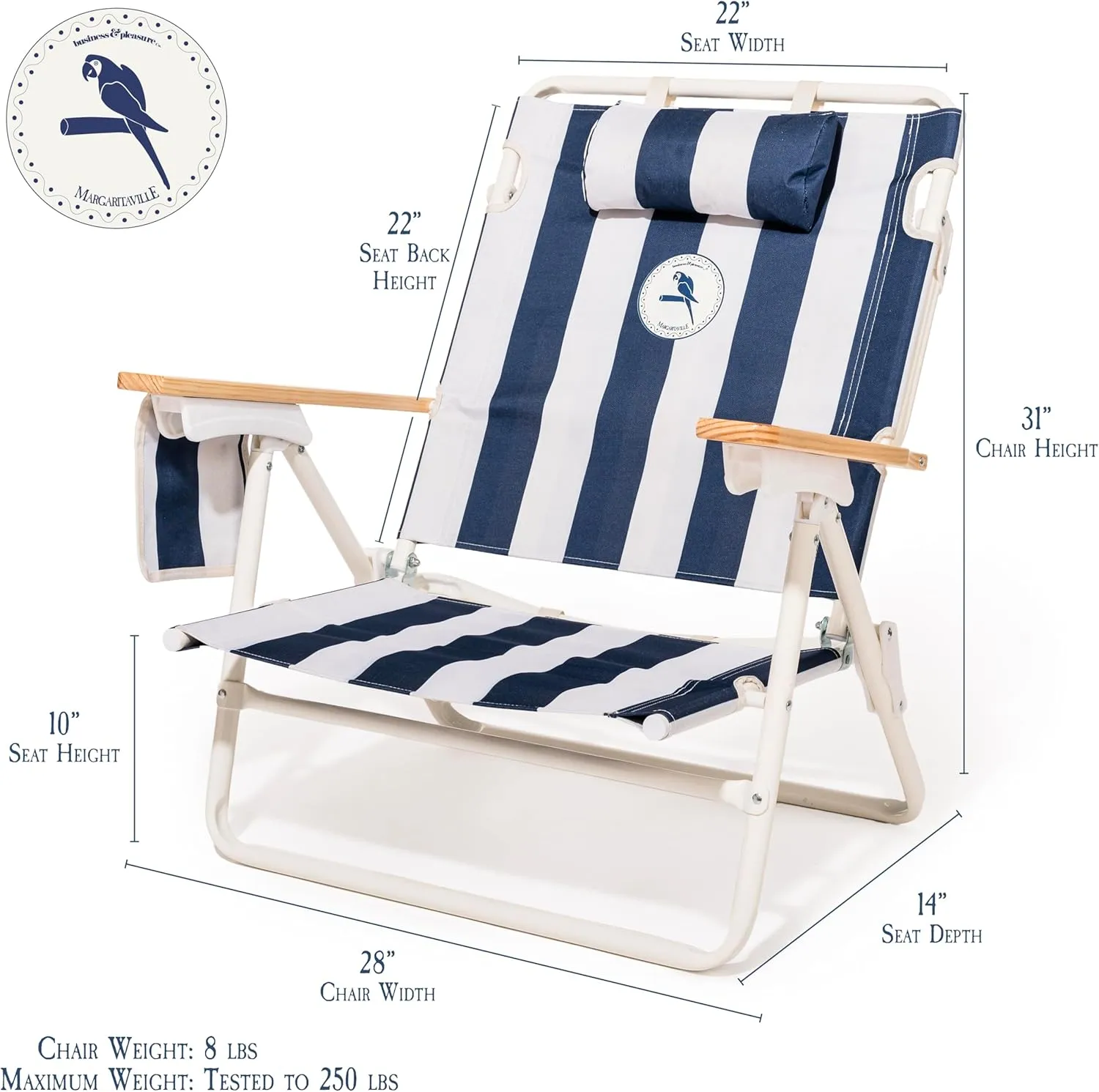 Business & Pleasure Co. Margaritaville Manana Backpack Beach Chair Lay Flat Reclining, Lightweight & Portable, Insulated Cooler Pocket, Continental Drifter Stripe