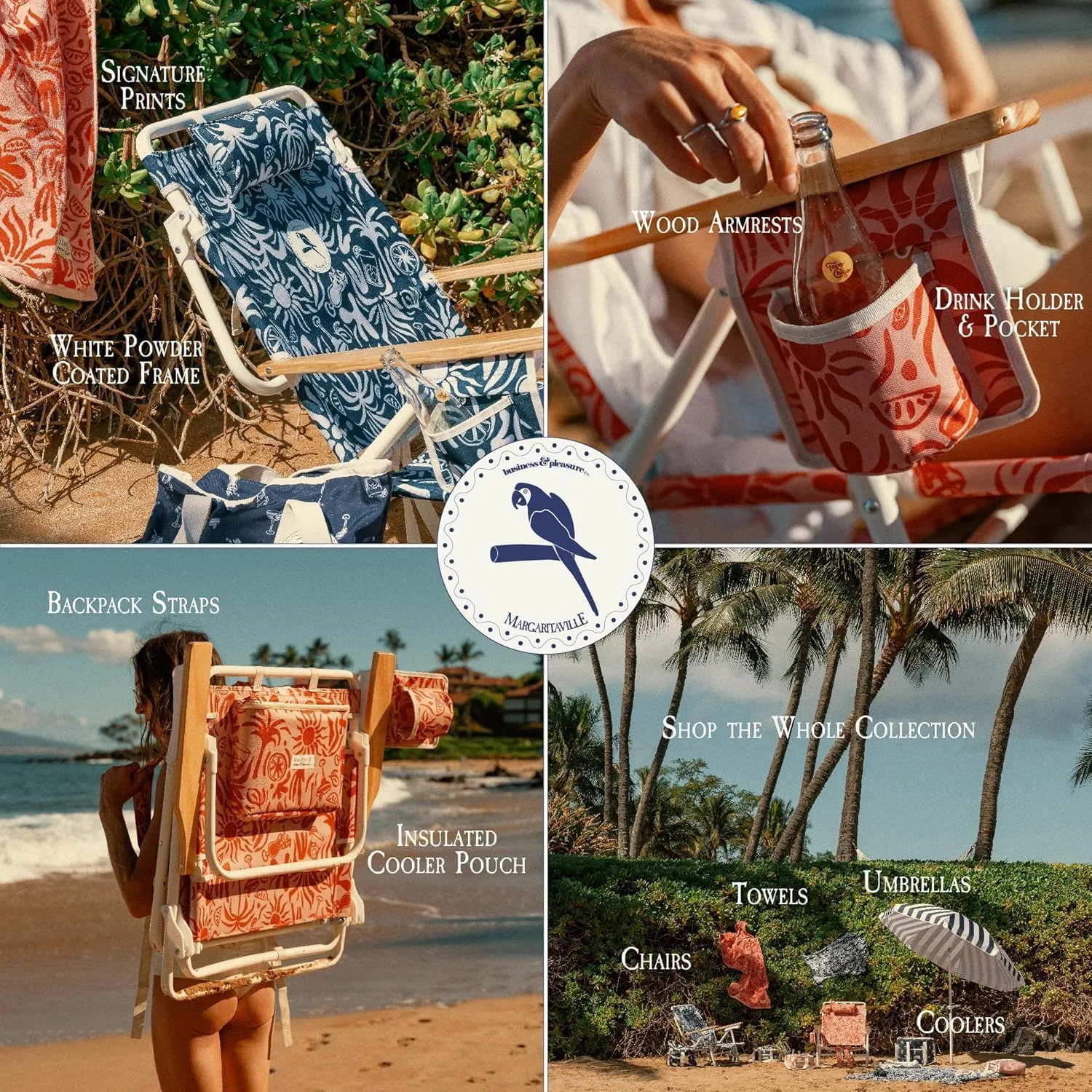 Business & Pleasure Co. Margaritaville Manana Backpack Beach Chair Lay Flat Reclining, Lightweight & Portable, Insulated Cooler Pocket, Continental Drifter Stripe