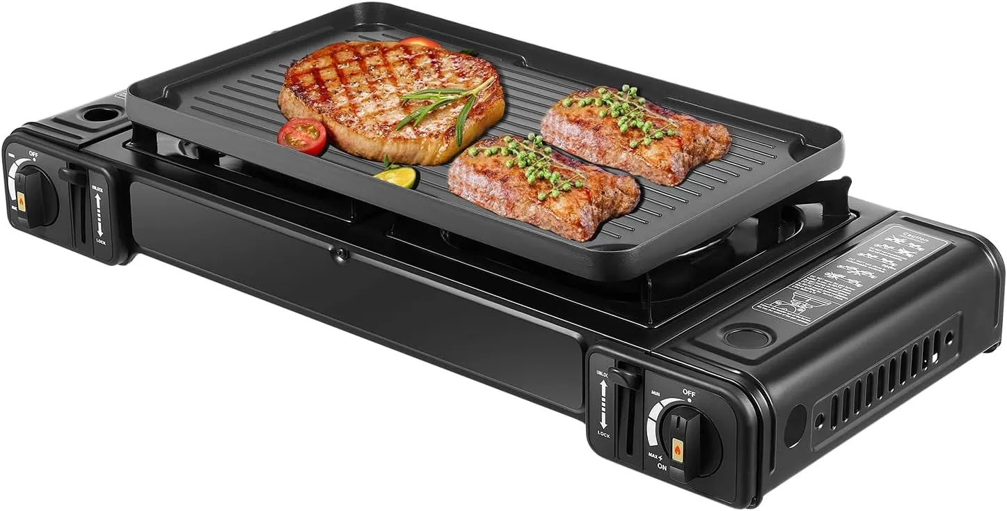 Butane Grill, Outdoor Cooking Stove, Portable 2-Burner Butane Grill with Adjustable Heat, Ideal for Camping, BBQs, & Picnics, Easy Setup & Cleanup