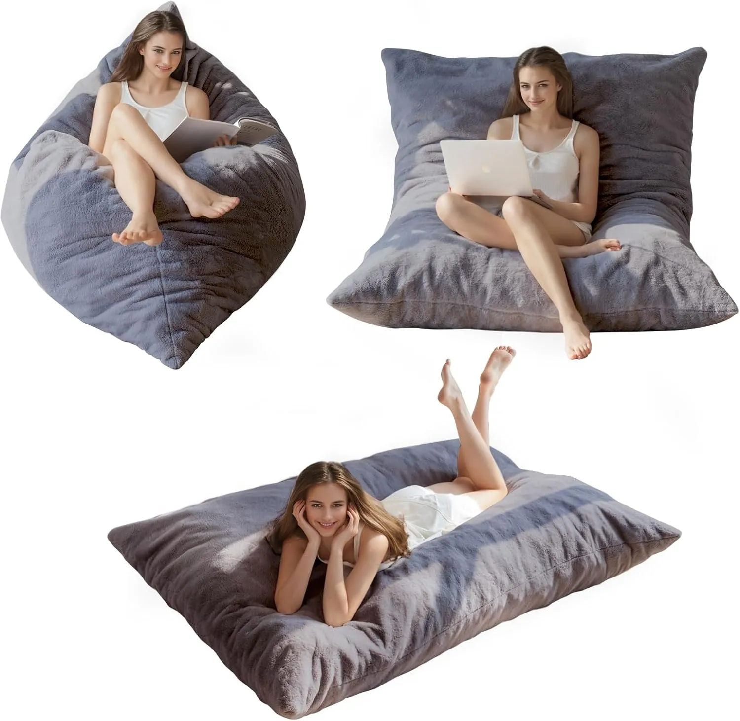 BYBYME 3 in 1 Bean Bag Chair, Convertible Chair Folds from Bean Bag to Lounger, High-Density Foam Filling, Faux Fur Big Sofa Bed, Giant Bean Bag Chair Bed for Adults