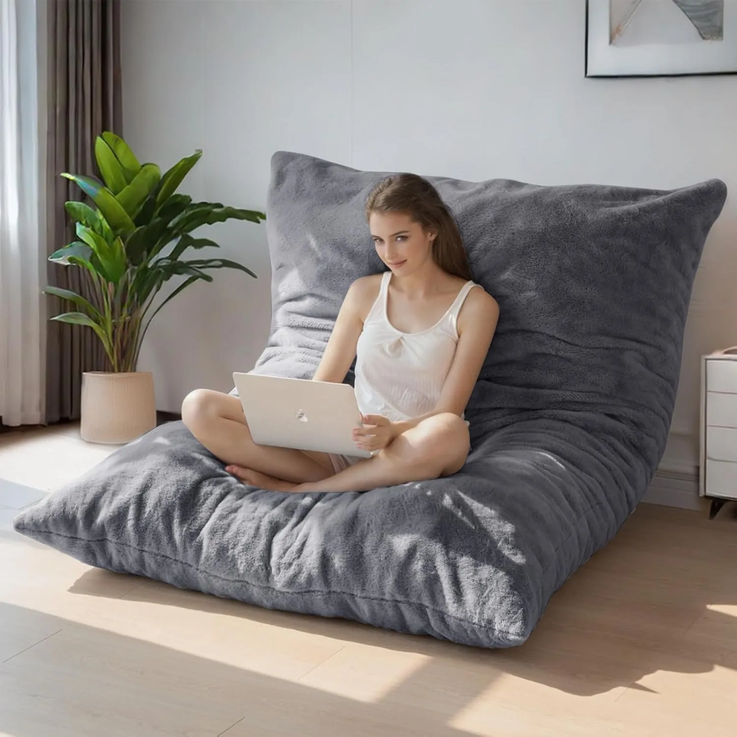 BYBYME 3 in 1 Bean Bag Chair, Convertible Chair Folds from Bean Bag to Lounger, High-Density Foam Filling, Faux Fur Big Sofa Bed, Giant Bean Bag Chair Bed for Adults