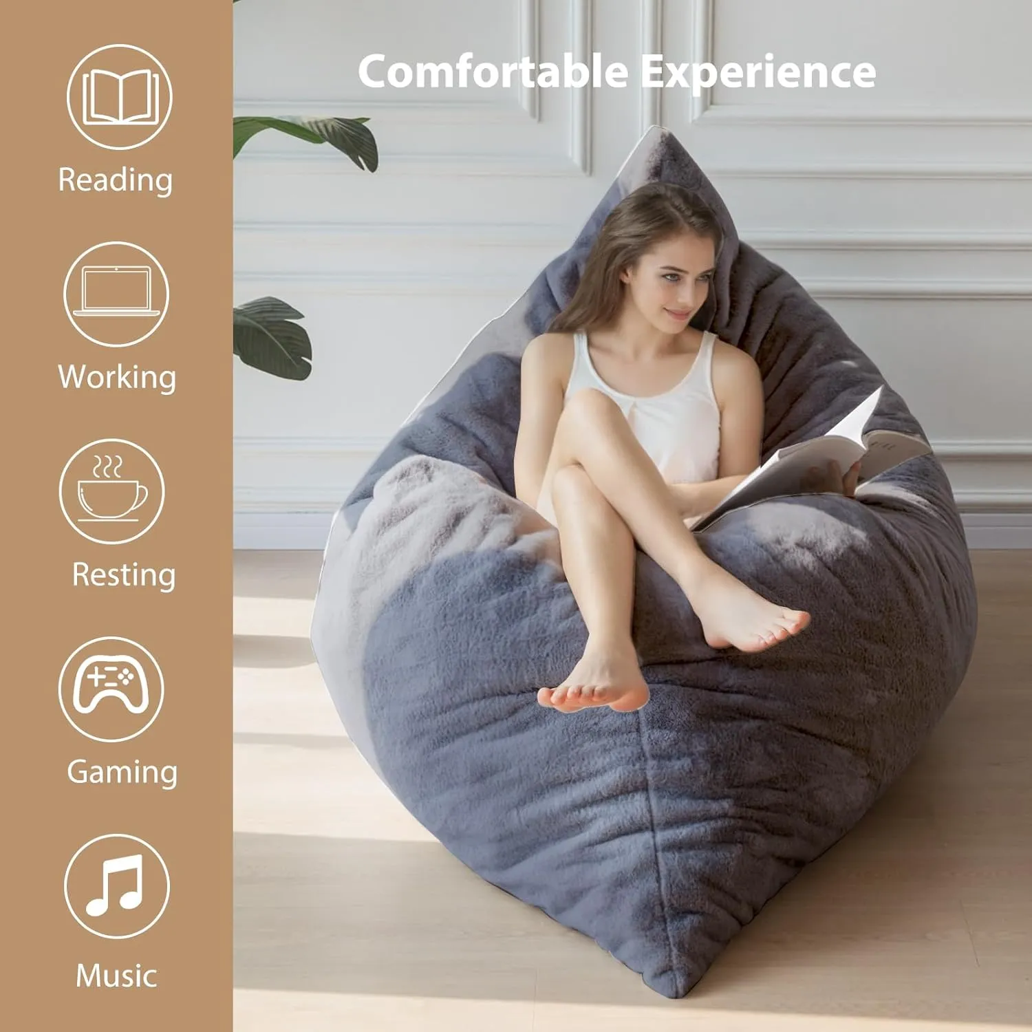 BYBYME 3 in 1 Bean Bag Chair, Convertible Chair Folds from Bean Bag to Lounger, High-Density Foam Filling, Faux Fur Big Sofa Bed, Giant Bean Bag Chair Bed for Adults