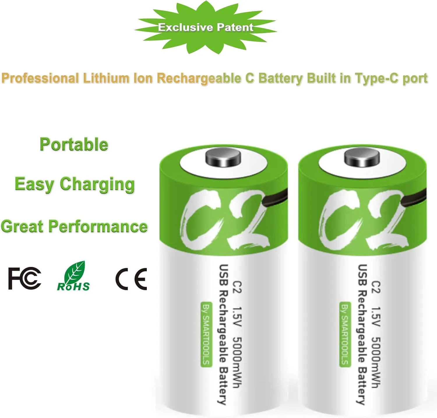 C Batteries 4 Pack, Rechargeable C Batteries,5000mWh C Size Batteries 4 Pack, 1.5V Lithium ion C Cell Batteries 4 Pack,USB Type C Rechargeable C Cell Batteries