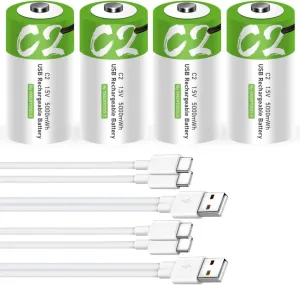 C Batteries 4 Pack, Rechargeable C Batteries,5000mWh C Size Batteries 4 Pack, 1.5V Lithium ion C Cell Batteries 4 Pack,USB Type C Rechargeable C Cell Batteries