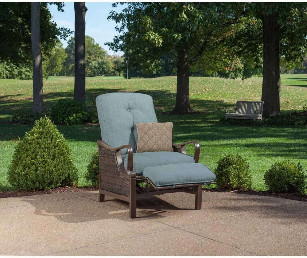 Cambridge Saratoga Hand-Woven Wicker Reclining Outdoor Chair, UV Protected Cushions, Weather and Rust Resistant Steel Frame, Outdoor Recliner, Ocean Blue