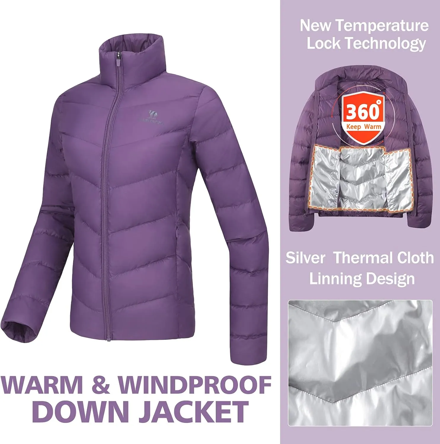 CAMELSPORTS Women's Down Jacket Hooded Winter Light Weight Short Puffer Coats Packable Warm Windproof Ladies Parka